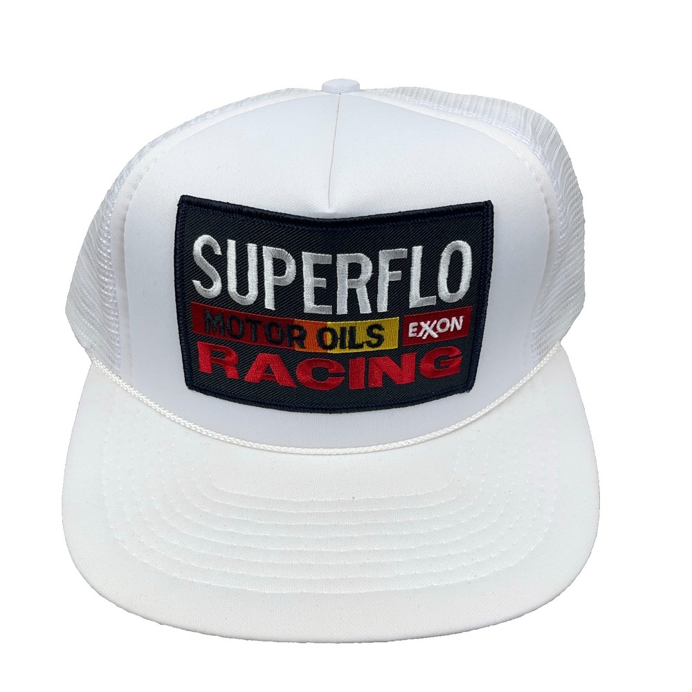 Vintage Superflo Motor Oil Trucker Hat CapRacing Patch Exxon Motorcross Mesh